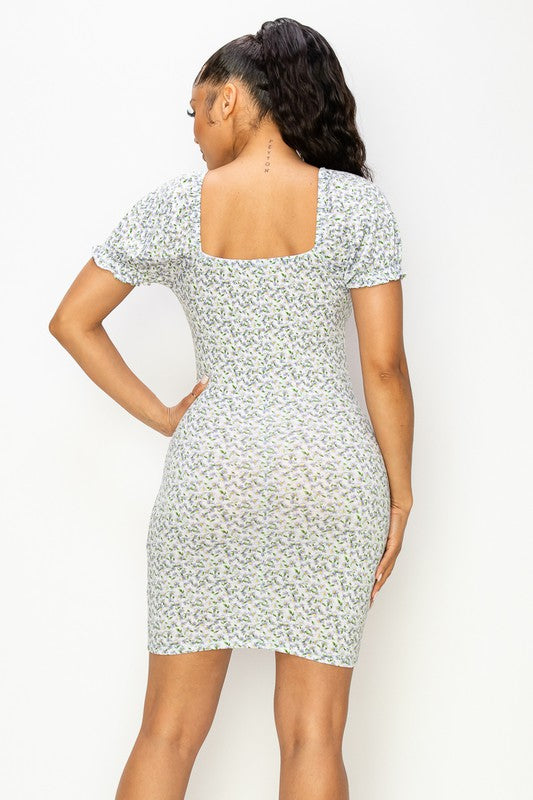 Floral Square Neck Mini Dress - LIGHT BLUE