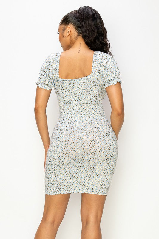 Floral Square Neck Mini Dress - LIGHT BLUE