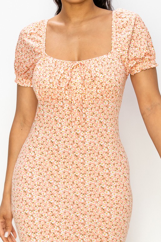 Floral Square Neck Mini Dress - PEACH