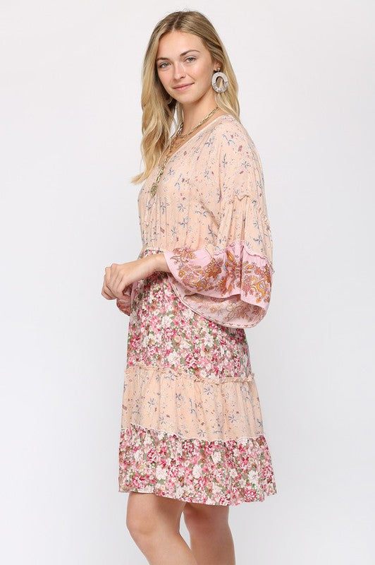 Floral Prints Mixed and Bell Sleeve Tiered Dress Blush