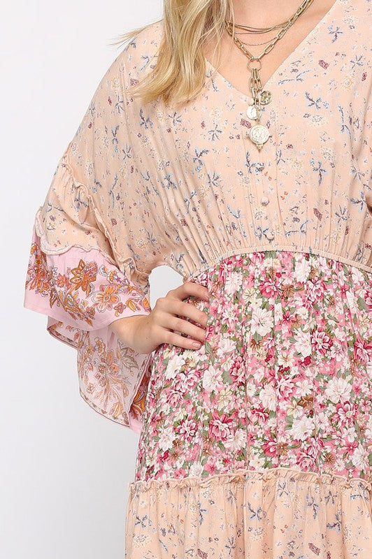 Floral Prints Mixed and Bell Sleeve Tiered Dress Blush