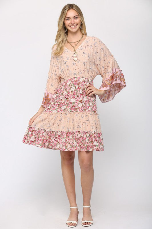 Floral Prints Mixed and Bell Sleeve Tiered Dress Blush