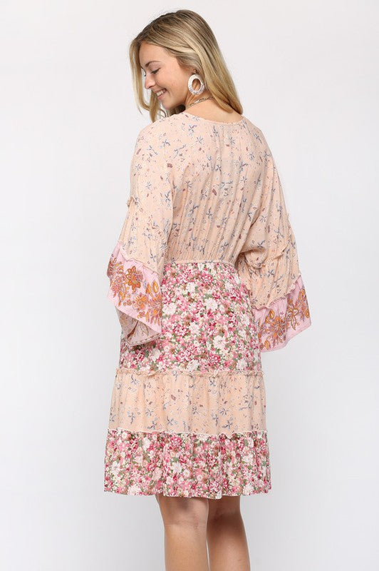 Floral Prints Mixed and Bell Sleeve Tiered Dress Blush