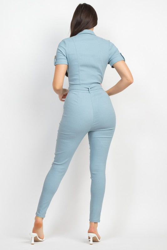 Front Button Collared Jumpsuit Dusty Blue