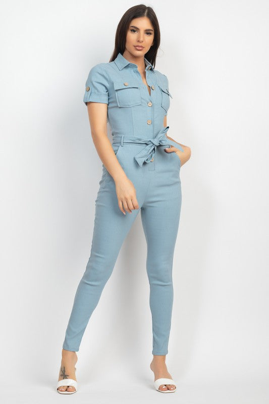 Front Button Collared Jumpsuit Dusty Blue