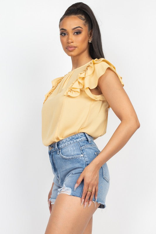 Frill Flutter Sleeves Solid Top Yellow