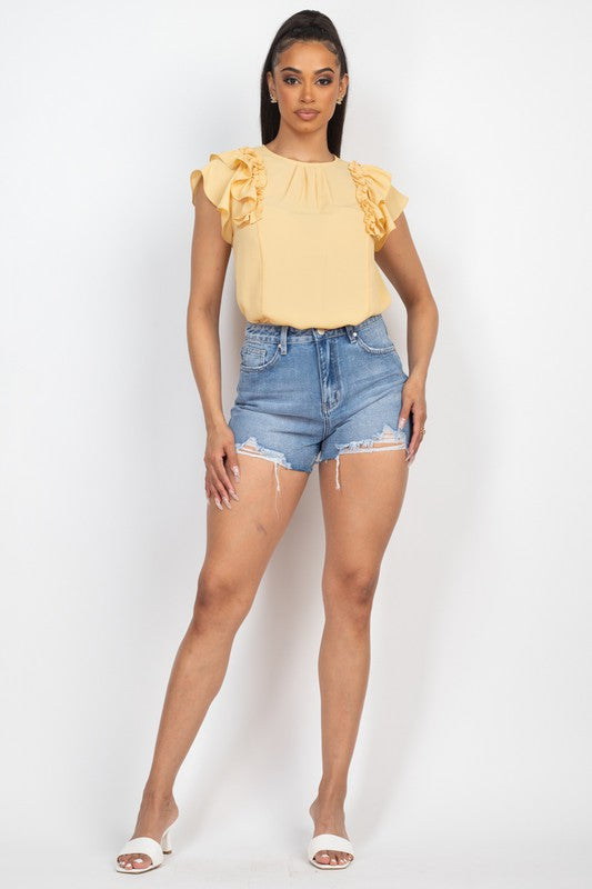 Frill Flutter Sleeves Solid Top Yellow