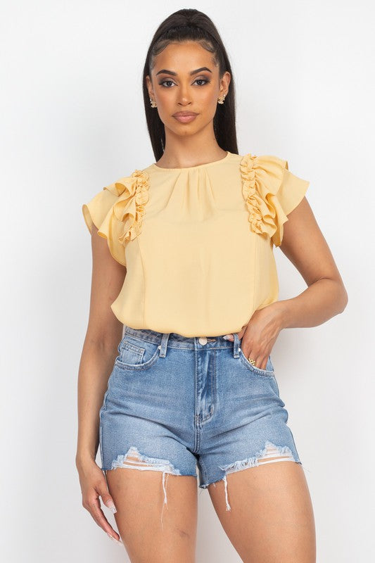 Frill Flutter Sleeves Solid Top Yellow