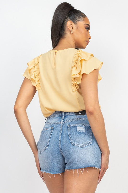 Frill Flutter Sleeves Solid Top Yellow