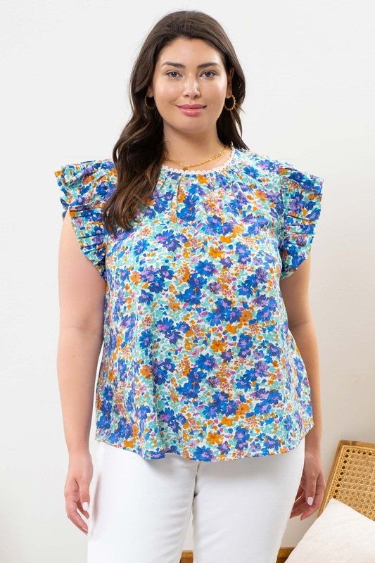 PLUS SIZE FLORAL WOVEN TOP BLUE