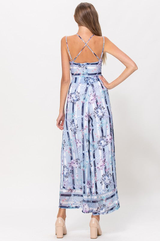 STRIPE MIX PRINT JUMPSUIT WITH LINING BLUE BELL