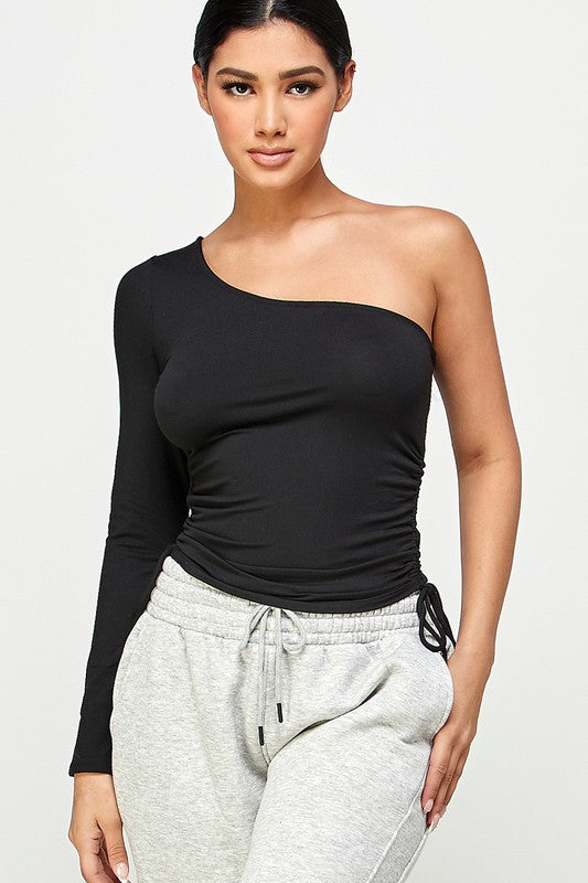 ONE SHOULDER LONG SLEEVE RUCHED TIE-SIDE CROP TOP BLACK