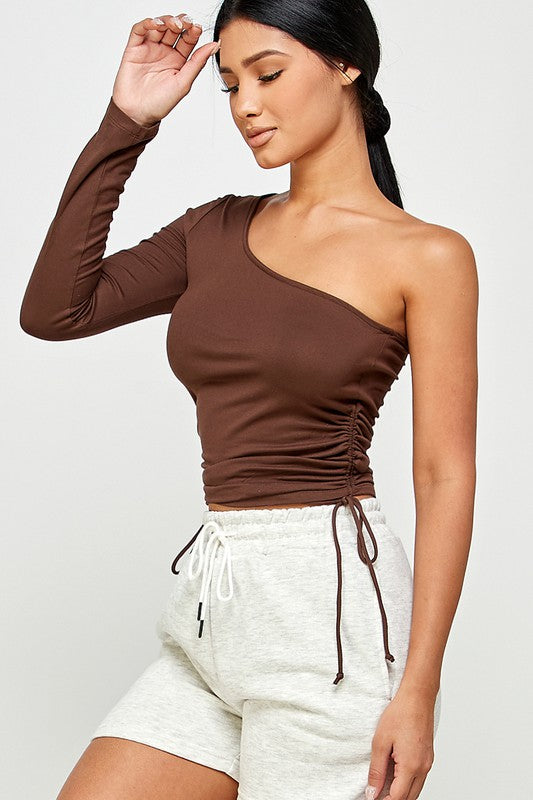 ONE SHOULDER LONG SLEEVE RUCHED TIE-SIDE CROP TOP JAVA