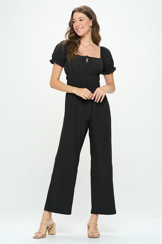 SOLID SHORT PUFF SLEEVE SQUARE NECK JUMPSUIT BLACK