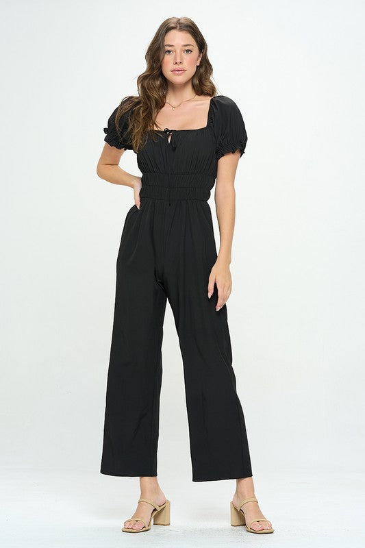 SOLID SHORT PUFF SLEEVE SQUARE NECK JUMPSUIT BLACK