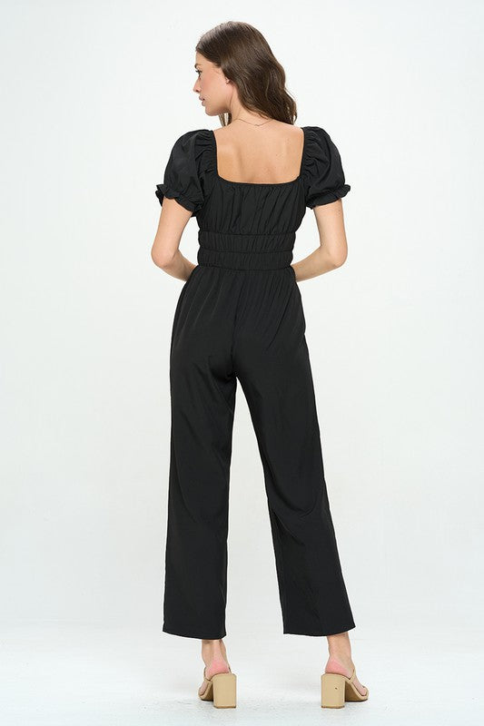 SOLID SHORT PUFF SLEEVE SQUARE NECK JUMPSUIT BLACK