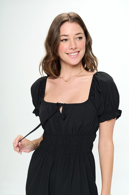 SOLID SHORT PUFF SLEEVE SQUARE NECK JUMPSUIT BLACK