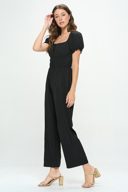 SOLID SHORT PUFF SLEEVE SQUARE NECK JUMPSUIT BLACK