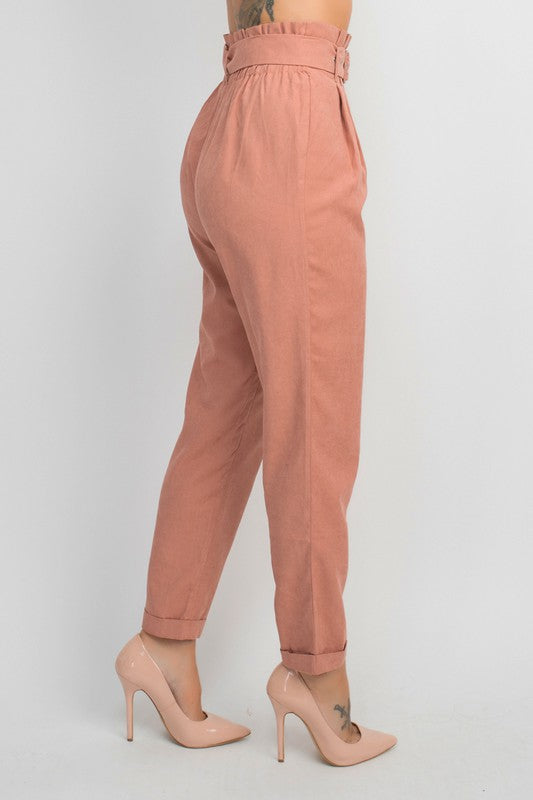 Belted Paperbag Waistline Pintuck Pants - MAUVE