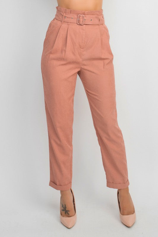 Belted Paperbag Waistline Pintuck Pants - MAUVE