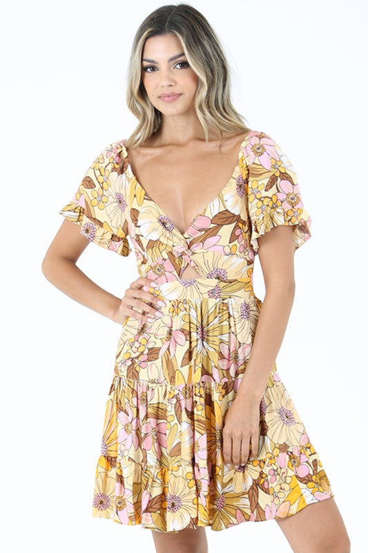 V NECK TWISTED FRONT DRESS - MUSTARD