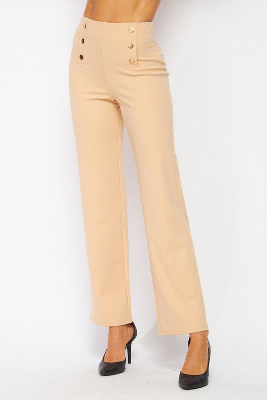 Knit Crepe High Waist 6 Button Dress Pants - KHAKI