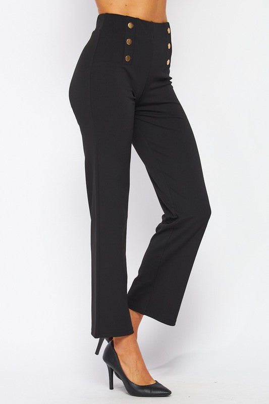 Knit Crepe High Waist 6 Button Dress Pants - BLACK