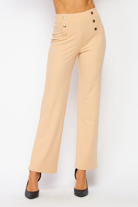 Knit Crepe High Waist 6 Button Dress Pants - KHAKI