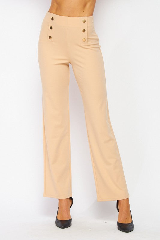 Knit Crepe High Waist 6 Button Dress Pants - KHAKI