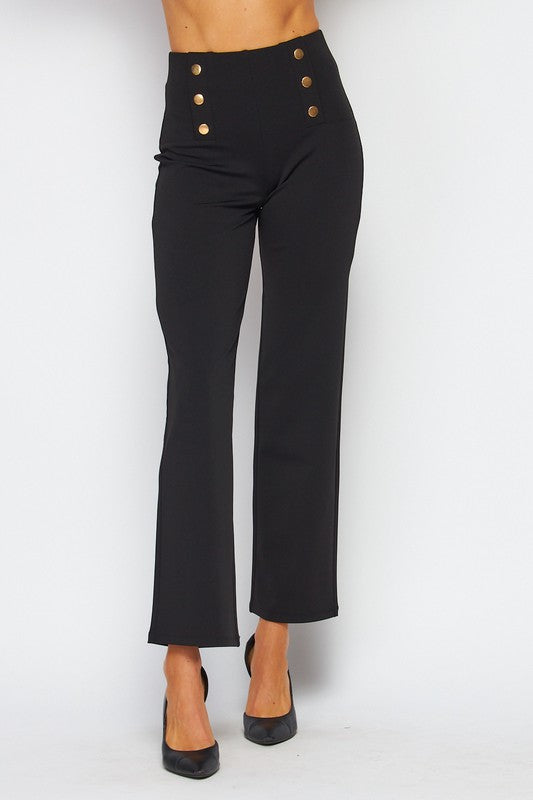 Knit Crepe High Waist 6 Button Dress Pants - BLACK