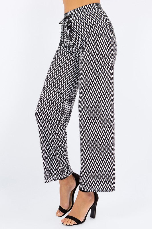 TY Ribbed Functional Drawstring Printed Pants - BLACK WHITE