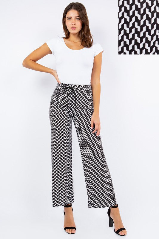 TY Ribbed Functional Drawstring Printed Pants - BLACK WHITE