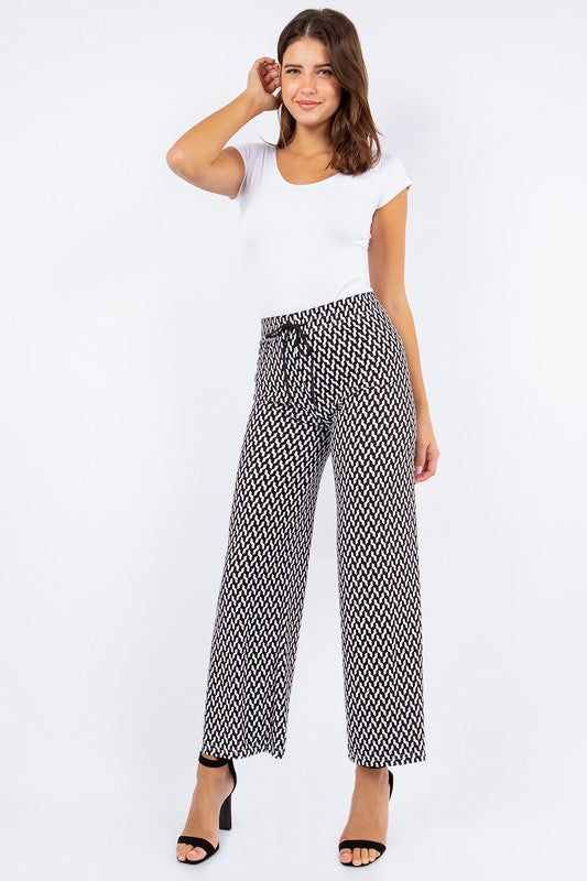 TY Ribbed Functional Drawstring Printed Pants - BLACK WHITE