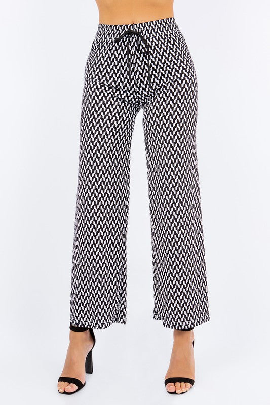 TY Ribbed Functional Drawstring Printed Pants - BLACK WHITE