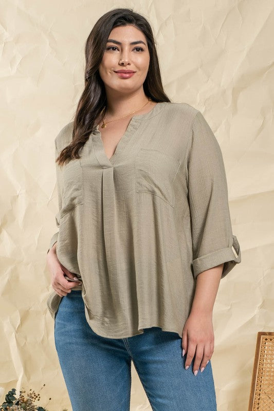 PLUS SIZE DOUBLE CHEST POCKET WOVEN TOP OLIVE