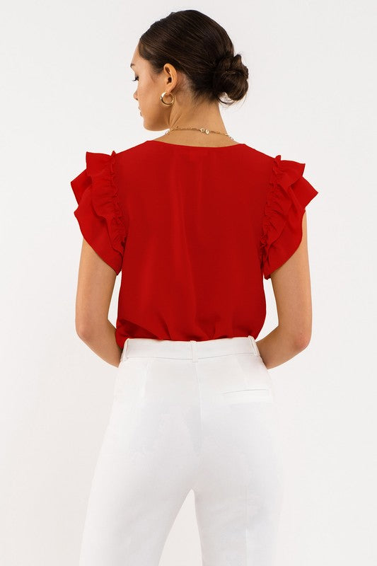 DOUBLE RUFFLE SLEEVE TOP RED