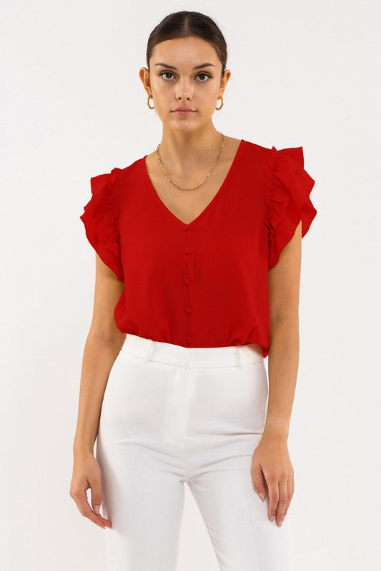 DOUBLE RUFFLE SLEEVE TOP RED