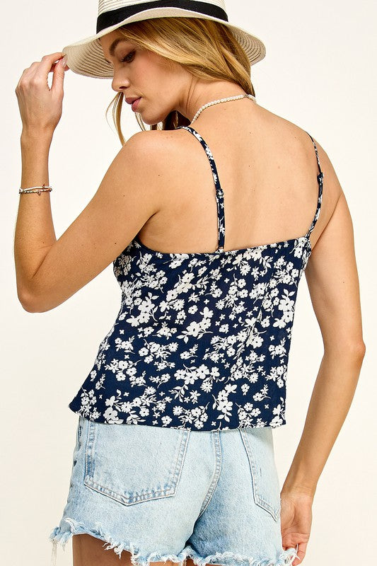 FLORAL PRINT CAMI TOP CROCHET EDGE LACE NAVY