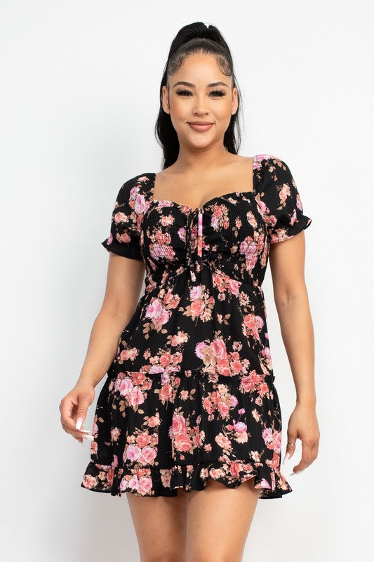 Ruched Floral Ruffle A-Line Dress