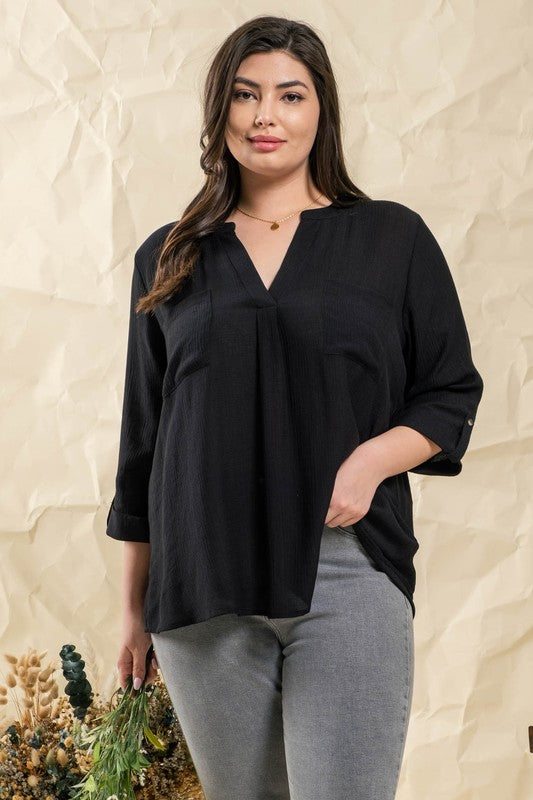 PLUS SIZE DOUBLE CHEST POCKET WOVEN TOP BLACK