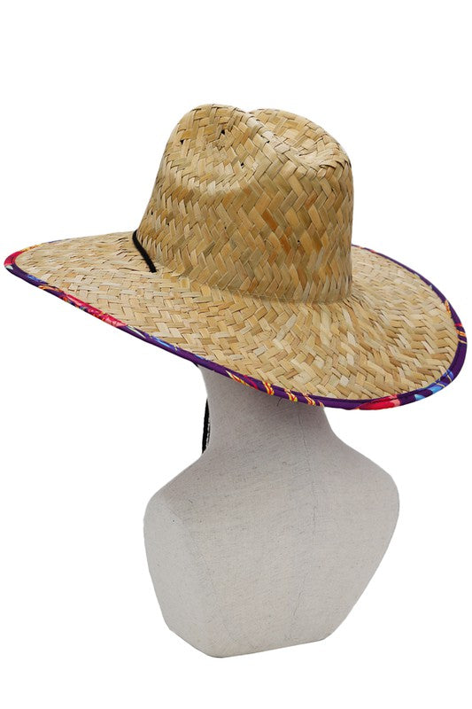 MEN'S HATS - California Hex Patch Hibiscus Tropical Floral Print Fabric Lined Wide Brim Natural Rush Straw Woven Lifeguard Hat