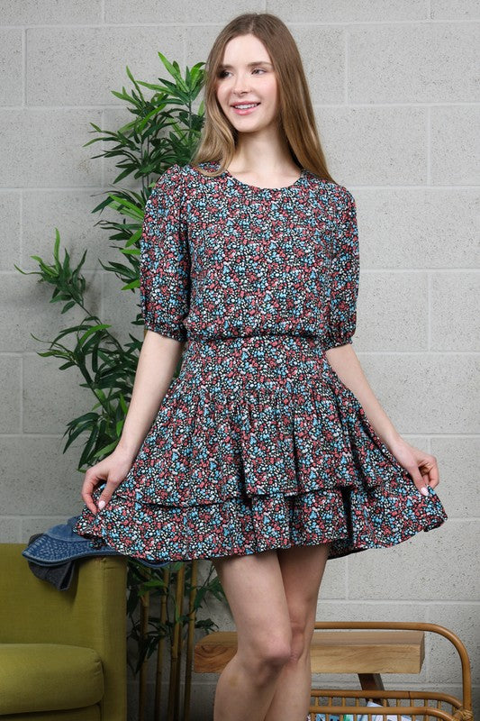 Ditsy floral print puffed sleeve dress - BLACK