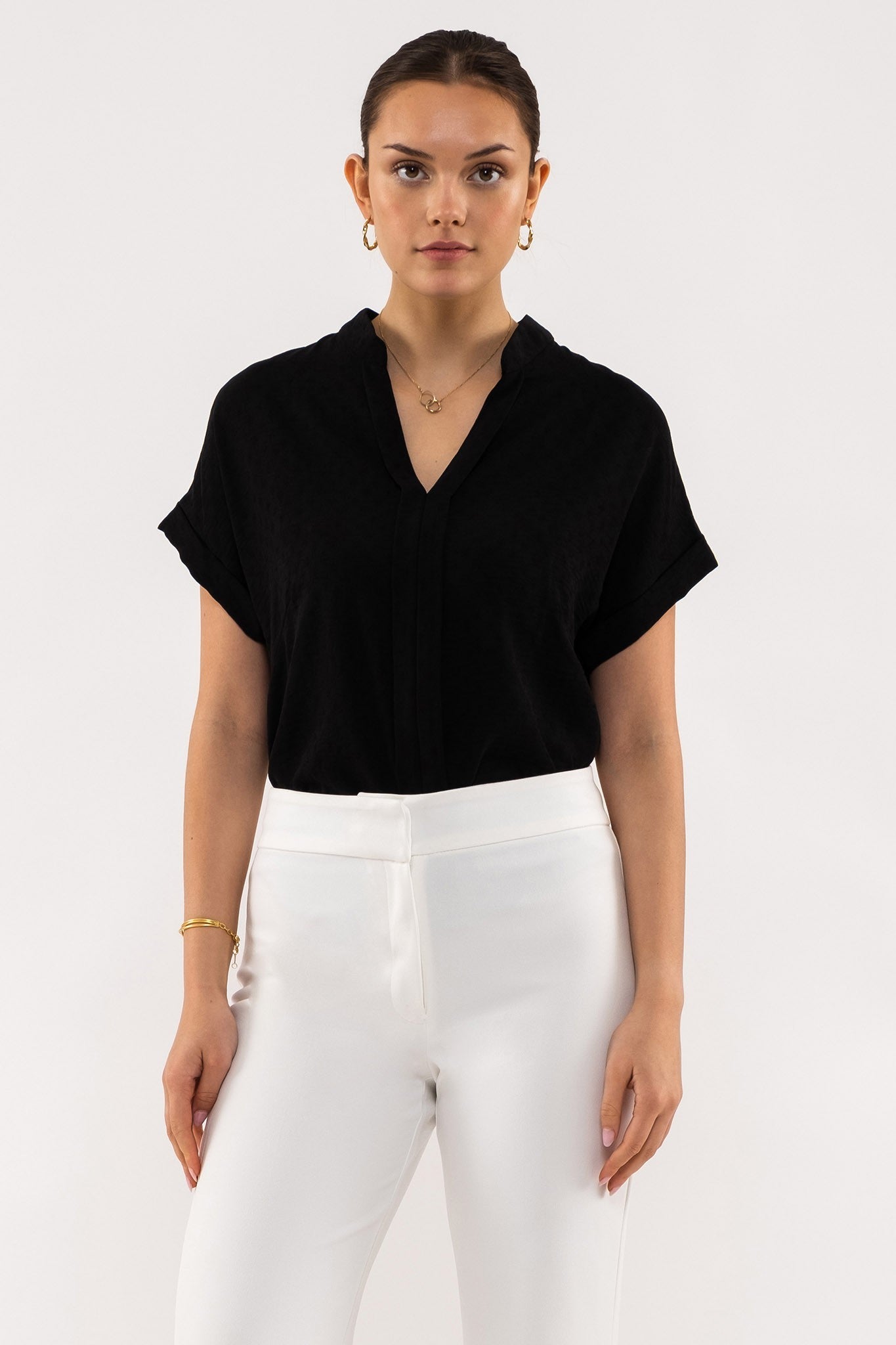 BAND COLLAR WOVEN TOP BLACK