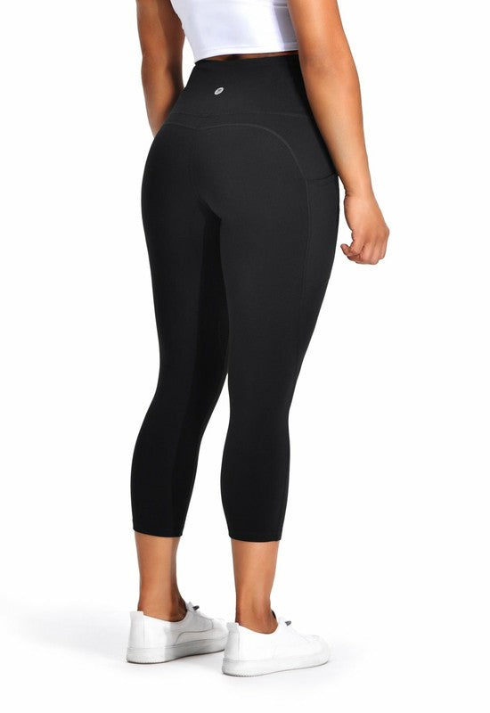 Cropped Yoga Leggings Pants W/Pockets - BLACK