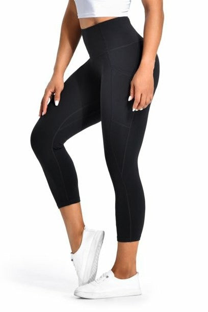 Cropped Yoga Leggings Pants W/Pockets - BLACK