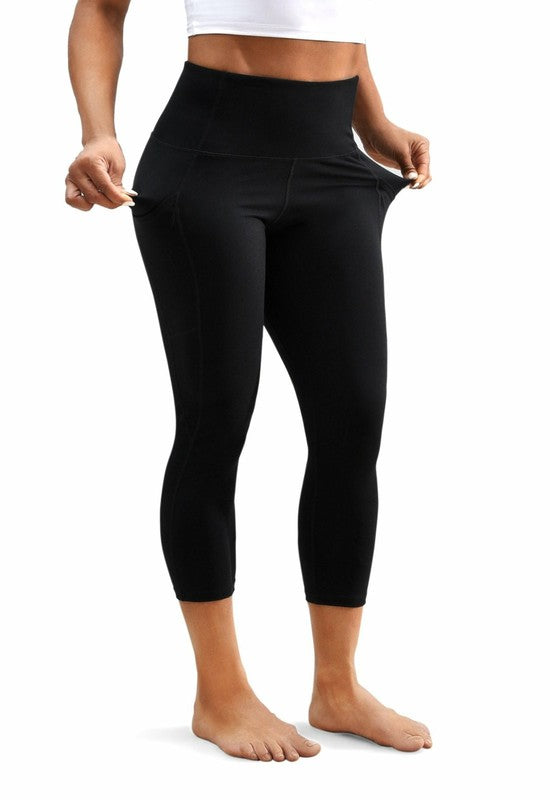 Cropped Yoga Leggings Pants W/Pockets - BLACK