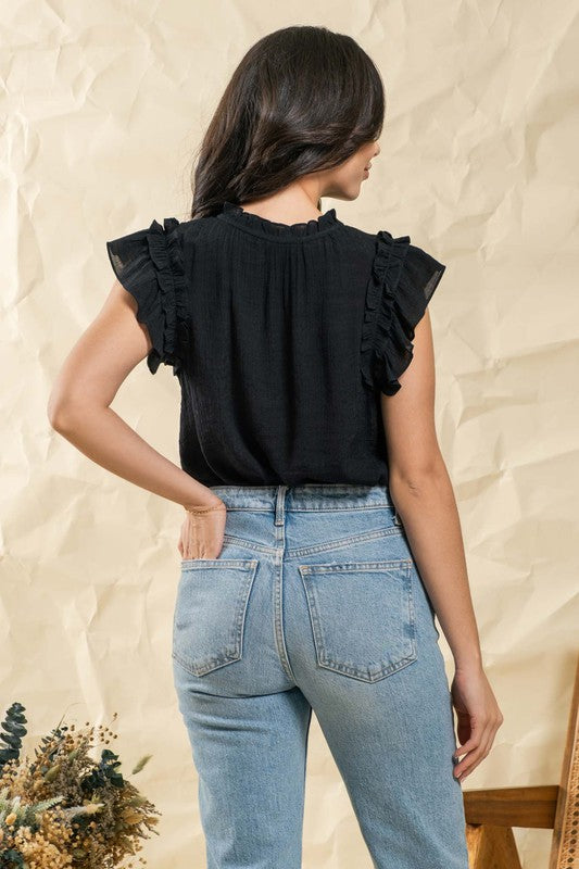 FLUTTER SLEEVE SOLID WOVEN TOP BLACK