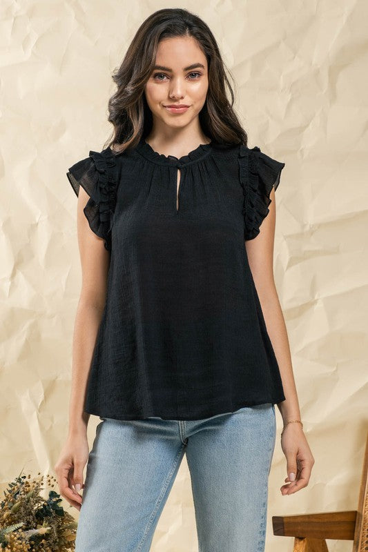 FLUTTER SLEEVE SOLID WOVEN TOP BLACK