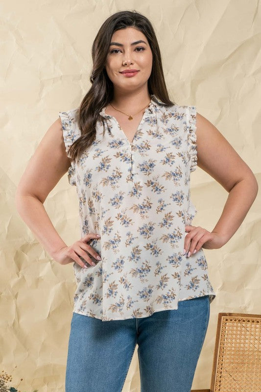 PLUS SIZE FLORAL SLEEVELESS WOVEN TOP OFF WHITE