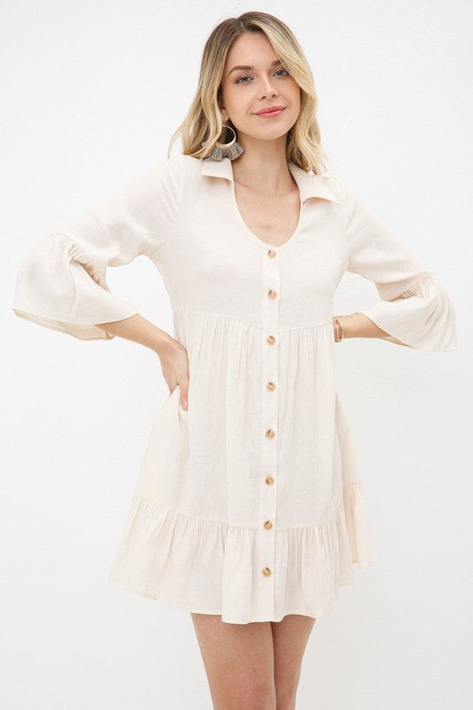 Tiered Half Sleeve Button Down Collared Mini Dress - IVORY